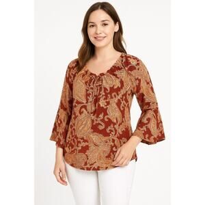 Naif‎ Women's Top Naïf Women’s Paisley Bell Sleeves Gold Crimson Rust Top (S)